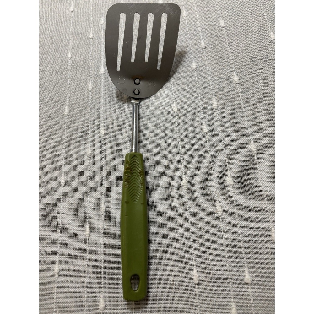 Vintage Foley USA Slotted Angled Spatula Green Short Handle Chrome Plated 9.5"
